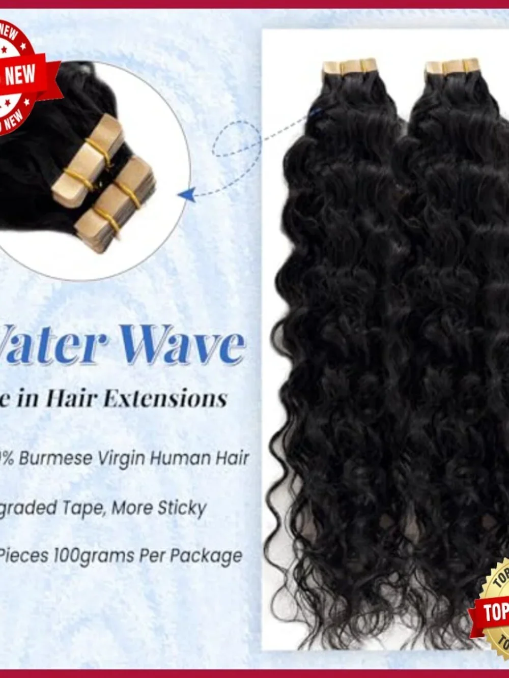 24 Inch Water Wave Tape In Human Hair Extensions 40 Pieces 100G